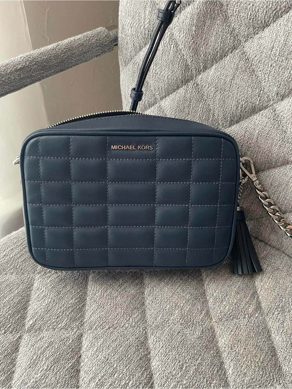 Michael Kors Quilted Navy Leather Camera Crossbody with Tassel